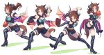  1girl absurdres animal_ears arm_up ball baseball baseball_mitt belt black_footwear black_gloves black_horns black_shirt black_shorts blue_eyes blue_wings boots bracelet breasts brown_belt brown_hair chain cleavage cleavage_cutout clothing_cutout cropped_shirt days_in_a_flash_(umamusume) demon_horns demon_wings ear_ornament elbow_gloves facial_mark fur_armlet gloves grimace hairband halloween_costume heart heart_facial_mark high_heel_boots high_heels highres holding holding_ball horns horse_ears horse_girl horse_tail jewelry leaning_forward looking_to_the_side low_wings medium_breasts medium_hair mejiro_palmer_(devil_in_the_moonlight)_(umamusume) midriff motion_blur multicolored_hair navel nishiki_kazue official_alternate_costume ponytail sequential shirt short_shorts shorts simple_background single_glove standing streaked_hair tail thigh_boots thigh_strap throwing umamusume white_background white_hairband wings 