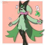  1:1 breasts card eyelashes fangs female fur green_body green_fur hi_res humanoid leaf looking_at_viewer magician meowscarada petals shaded simple_background simple_shading small_breasts solo zennybluegenesis 