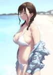  1girl beach bikini blue_eyes blue_jacket blue_sky braid breasts brown_hair closed_mouth collarbone jacket jonsun large_breasts looking_away mole mole_under_eye navel ocean original outdoors short_hair sky solo swimsuit tamami_(jonsun) twin_braids twitter_username white_bikini 