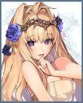  1girl ashtoreth_(destiny_child) bangs blonde_hair blue_flower blue_rose blush border breasts cleavage crown_of_thorns destiny_child fang flower hair_between_eyes hair_flower hair_intakes hair_ornament hand_to_own_mouth highres lips long_hair looking_at_viewer migu_(iws2525) parted_lips purple_eyes rose thorns towel upper_body 