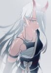  1girl absurdres android bare_shoulders blue_eyes breasts highres horns japanese_clothes kaino_osushi85 long_hair looking_at_viewer medium_breasts mole mole_under_mouth nier_(series) nier_automata sarashi simple_background solo very_long_hair white_hair yorha_type_a_no._2 