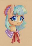  2022 accessory blue_eyes blue_hair bust_portrait coco_pommel_(mlp) colored_pencil_(artwork) earth_pony equid equine eyelashes female feral flower flower_in_hair friendship_is_magic fur hair hair_accessory hasbro horse mammal maytee my_little_pony plant pony portrait ribbons signature simple_background solo tan_background tan_body tan_fur three-quarter_view traditional_media_(artwork) 