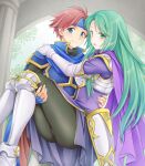  1boy 1girl age_difference armor armored_boots armored_dress ass black_pantyhose blue_armor blue_cape blue_eyes blue_gloves blue_headband boots breastplate cape carrying carrying_person cecilia_(fire_emblem) closed_mouth commentary_request dress elbow_gloves fingerless_gloves fire_emblem fire_emblem:_the_binding_blade gloves gold_trim green_eyes green_hair ham_pon hand_on_another&#039;s_shoulder headband highres long_hair looking_at_viewer open_mouth pantyhose princess_carry purple_cape purple_dress red_cape red_hair roy_(fire_emblem) short_hair shoulder_armor smile two-tone_cape white_armor white_footwear white_gloves 