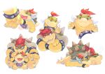  2boys bowser bowser_jr. cheek_bulge closed_eyes colored_skin crossed_arms crown fang father_and_son from_side grin horns hoshikuzu_pan lying mario_(series) multiple_boys on_stomach ponytail red_eyes red_hair sharp_teeth shell short_hair simple_background sitting smile spikes teeth white_background 