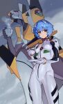  1girl ayanami_rei bangs blue_hair bodysuit breasts cup english_commentary eva_00 evangelion_(mecha) from_below holding holding_cup interface_headset looking_at_viewer mecha medium_breasts neon_genesis_evangelion one-eyed pilot_suit plugsuit red_eyes robot short_hair some1else45 standing teacup white_bodysuit 