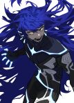  1boy absurdres androgynous angry armor artist_request asymmetrical_hair bangs bodysuit eyelashes highres long_hair looking_at_viewer male_focus open_mouth protagonist_(smtv) purple_hair shin_megami_tensei shin_megami_tensei_v simple_background solo very_long_hair yellow_eyes 