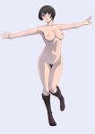 1girl balancing bob_cut boots breasts brown_footwear female_pubic_hair full_body glasses highres ixola knee_boots light_blush mole nipples nude original outstretched_arms pubic_hair red-framed_eyewear short_hair simple_background solo standing standing_on_one_leg 