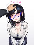  1girl artist_name bangs black_choker black_hair blue-framed_eyewear blush blushyspicy breasts choker cleavage collarbone earrings fang glasses grey_background headpat heart highres jewelry large_breasts leaning_forward looking_at_viewer medium_hair office_lady one_eye_closed open_mouth original pointy_ears simple_background smile solo_focus vampire 