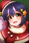  1girl animal_costume black_hair christmas christmas_present dress gift hair_ornament hat highres hikarikmy humboldt_penguin_(kemono_friends) kemono_friends kemono_friends_v_project looking_at_viewer multicolored_hair open_mouth penguin_costume penguin_girl pink_hair ribbon santa_hat short_hair smile snowman solo virtual_youtuber yellow_eyes 