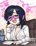  1girl bangs black_choker black_hair blue-framed_eyewear blush blushyspicy breasts chair choker cleavage desk earrings fang fangs glasses heart highres imagining jewelry large_breasts medium_hair office_lady open_mouth original papers pointy_ears vampire 