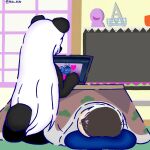  &lt;3 1:1 animal_crossing anthro black_body black_fur black_nose blue_body blue_fur blue_line_art blush computer detailed_background domestic_cat duo e621 felid feline felis female fur fur_markings furniture giant_panda hair human ichimatsu_matsuno kotatsu laptop lunarpanda8686 male male/female mammal markings mika_(lunarpanda8686) mr._osomatsu nintendo pillow rosie_(animal_crossing) round_ears sitting sleeping table television ursid video_games white_body white_fur white_hair 