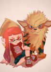  1girl absurdres arcanine closed_mouth company_connection crossover highres inkling inkling_girl kurafuto_(group_klee) long_hair nintendo pink_eyes pointy_ears pokemon pokemon_(creature) red_footwear red_hair red_pupils red_shirt shirt shoes short_sleeves sitting smile splatoon_(series) splatoon_3 t-shirt tentacle_hair v-shaped_eyebrows 
