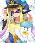  1girl agent_3_(splatoon) blonde_hair blue_headwear closed_mouth collarbone crossover gradient_hair hand_on_headwear hands_up hat headgear highres inkling inkling_girl long_hair multicolored_hair oniku_(onikuoekaki) outline patchwork_clothes peaked_cap pokemon pokemon_(creature) pokemon_(game) pokemon_sv purple_eyes purple_hair quaxly smile splatoon_(series) splatoon_3 squidbeak_splatoon stitches tentacle_hair two-tone_hair white_outline 