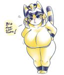  1girl =3 animal_crossing animal_ears animal_feet animal_nose ankha_(animal_crossing) ankleband bangs barefoot blonde_hair blue_eyes blue_eyeshadow blue_hair blunt_bangs blush body_fur breasts cat_ears cat_girl cat_tail cleavage collarbone commentary commission dorianm_bc embarrassed english_commentary english_text eyeshadow fang full_body furry furry_female hair_ornament half-closed_eyes hands_on_hips hanging_breasts huge_breasts leaning_forward legs_together looking_at_viewer makeup motion_lines multicolored_hair nose_blush open_mouth shiny shiny_hair sidelocks sketch snake_hair_ornament solo speech_bubble standing striped_tail tail tail_raised talking thick_thighs thighs two-tone_hair v-shaped_eyebrows white_bandeau wide_hips wristband yellow_fur 