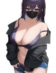  1girl bangs black_jacket black_mask blue_eyes blue_shorts bra breasts cleavage clothes_pull jacket korean_commentary large_breasts long_hair long_sleeves looking_at_viewer mask momera mouth_mask off_shoulder open_clothes open_jacket original panties purple_bra purple_hair purple_panties shorts shorts_pull simple_background solo underwear white_background 
