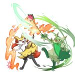 1girl 1other :3 animal_ear_fluff animal_ears animal_feet animal_hands animal_nose black_fur body_fur braixen cat_ears chinese_commentary claws commentary_request fang feet fire flat_chest floragato fox_ears fox_girl fox_tail full_body fur_collar furry furry_female green_fur happy holding holding_stick leg_up looking_up mew_kate multicolored_fur open_mouth outstretched_arm outstretched_arms pawpads pokemon pokemon_(creature) purple_eyes red_eyes smile snout sparkle standing standing_on_one_leg stick tail white_background white_fur yellow_fur yo-yo 