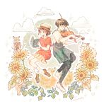  1boy 1girl amasawa_seiji apron bangs black_pants blue_apron blue_flower book bow brown_eyes brown_footwear brown_hair cat cloud collar flower from_side hat highres holding holding_instrument instrument leaf looking_at_object mimi_wo_sumaseba momochy music open_book pants pink_skirt plant playing_instrument pleated_skirt reading red_bow red_shirt shirt short_hair skirt socks studio_ghibli summer sunflower tsukishima_shizuku two-tone_shirt violin white_background white_collar white_footwear white_shirt white_skirt white_socks yellow_flower 