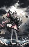  1girl absurdres ammunition_belt arknights bird black_gloves black_jacket capelet closed_mouth cloud cloudy_sky gloves grey_hair gun high-waist_skirt highres holding holding_lantern horizon irene_(arknights) jacket lantern light long_hair long_sleeves looking_at_viewer mihaia ocean pink_skirt print_skirt purple_eyes sheath sheathed skirt sky solo sword very_long_hair water waves weapon white_capelet white_skirt 