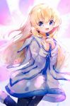  1girl blonde_hair blue_eyes choker colette_brunel dress gloves highres jewelry long_hair looking_at_viewer open_mouth pantyhose smile solo sparkle tales_of_(series) tales_of_symphonia wings yun_(dust-i1) 