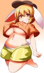  1girl :d animal_ears blonde_hair bouncing_breasts breasts floppy_ears gero_zoukin grin highres large_breasts looking_at_viewer navel orange_shirt rabbit_ears ringo_(touhou) shirt shorts smile solo touhou underboob 