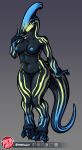  2022 3_toes 4_fingers anthro artist_logo belly big_breasts big_tail biped black_body black_eyes black_scales blue_body blue_claws blue_markings blue_nipples blue_scales blush breasts cel_shading claws digital_drawing_(artwork) digital_media_(artwork) digitigrade dinosaur eyelashes feet female finger_claws fingers front_view gradient_background grey_background hadrosaurid hi_res humanoid_hands juliet_(drafteddragon) knock-kneed logo long_tail looking_at_viewer markings multicolored_body multicolored_scales nipples non-mammal_breasts non-mammal_nipples nude ornithischian parasaurolophus predaguy reptile scales scalie shaded simple_background slightly_chubby slightly_chubby_anthro slightly_chubby_female smile smiling_at_viewer snout solo standing striped_markings stripes tail_dimple tapering_tail thick_tail thick_thighs toe_claws toes wide_hips yellow_body yellow_markings yellow_scales 