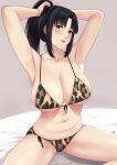  1girl animal_print armpits arms_up bangs bed_sheet belly bikini black_eyes black_hair blush breasts closed_mouth collarbone hair_tie highres large_breasts leopard_print lips long_hair mature_female mole mole_under_eye navel nush_(xter) original print_bikini red_lips side-tie_bikini_bottom sidelocks signature sitting solo stomach string_bikini swimsuit thighs tying_hair xter 