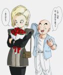  1boy 1girl android_18 arm_behind_head bag bald blonde_hair blue_eyes blue_jacket bouquet dragon_ball dragon_ball_z earrings facial_mark flower forehead_mark handbag highres holding holding_bouquet jacket jewelry kakeru_(dbskakeru) kuririn open_mouth red_flower red_rose rose sleeves_past_wrists sleeves_rolled_up smile translation_request watch wristwatch 
