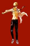  1boy belt black_pants blonde_hair chainsaw_man collarbone denji_(chainsaw_man) grin highres long_sleeves looking_at_viewer open_clothes open_shirt pants red_background shirt short_hair simple_background smile teeth toned toned_male torn_clothes tsukumo_(soar99) white_footwear white_shirt 