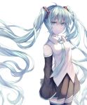  1girl bangs black_thighhighs blouse blue_hair deep_(deep4946) eyebrows_hidden_by_hair green_eyes hair_between_eyes hairband hatsune_miku highres long_hair looking_at_viewer necktie shirt simple_background skirt smile solo thighhighs twintails vocaloid white_background 