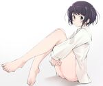  1girl ass bangs bare_legs barefoot black_hair blue_eyes collared_shirt commentary_request eyelashes feet hololive hugging_own_legs k-go knees_together_feet_apart legs long_legs long_sleeves looking_at_viewer medium_hair no_pants oozora_subaru shadow shiny shiny_skin shirt sidelocks simple_background sitting solo swept_bangs thighs toes virtual_youtuber white_background white_shirt 