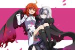  2girls ahoge armor armored_dress bangs blush breasts cape carrying fate/grand_order fate_(series) fujimaru_ritsuka_(female) fujimaru_ritsuka_(female)_(decisive_battle_chaldea_uniform) fur-trimmed_cape fur_trim gloves grey_hair highres jeanne_d&#039;arc_alter_(avenger)_(fate) jeanne_d&#039;arc_alter_(fate) large_breasts long_sleeves looking_at_viewer medium_breasts multiple_girls oiun open_mouth orange_eyes orange_hair princess_carry short_hair smile yellow_eyes 