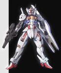  beam_rifle black_background blue_eyes commentary energy_gun full_body gun gundam gundam_aerial gundam_suisei_no_majo highres holding holding_gun holding_weapon looking_at_viewer mecha mobile_suit no_humans robot science_fiction shield solo standing takahashi_masaki two-tone_background v-fin weapon white_background 