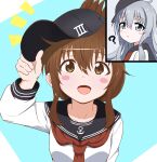  2girls ^^^ anchor_ornament baseball_cap black_headwear black_sailor_collar blue_eyes blush_stickers brown_eyes brown_hair folded_ponytail grey_hair hat hibiki_(kancolle) highres inazuma_(kancolle) inset kantai_collection long_hair long_sleeves multiple_girls neckerchief red_neckerchief sailor_collar school_uniform serafuku tottsan upper_body 