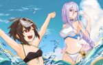  2girls :d ariel_(kumo_desu_ga_nani_ka?) bare_shoulders bikini black_bikini black_hair blue_sky braid breasts cloud collarbone day extra_pupils grey_hair hair_between_eyes highres kumo_desu_ga_nani_ka? long_braid long_hair midriff multicolored_hair multiple_girls one_eye_closed outdoors partially_submerged red_eyes san_ni_ichi_ichi shiraori short_hair sidelocks single_braid sky small_breasts smile streaked_hair swimsuit two-tone_hair very_long_hair water white_bikini white_hair 