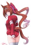  1girl animal_ears artist_name ass buruma closed_mouth cowboy_shot daiwa_scarlet_(umamusume) from_behind highres horse_ears horse_girl horse_tail jacket long_hair long_sleeves looking_at_viewer looking_back red_buruma red_eyes red_jacket simple_background solo t2r tail thighhighs tiara tracen_training_uniform twintails umamusume white_background white_thighhighs 
