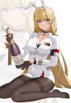  1girl absurdres alcohol animal_ears armband azur_lane black_pantyhose blonde_hair blue_eyes bottle breasts champagne champagne_bottle choker cleavage cross cross_choker epaulettes fake_animal_ears full_body gloves half_gloves highres holding holding_bottle large_breasts military military_uniform no_shoes north_carolina_(azur_lane) pantyhose rabbit_ears sitting uniform wariza wsfw 