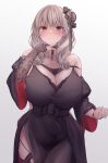  1girl absurdres azur_lane bangs bare_shoulders black_dress blush braid breasts bun_cover cleavage closed_mouth detached_collar detached_sleeves dress elbow_gloves evening_gown gloves grey_hair hair_over_shoulder highres huge_breasts luetzow_(azur_lane) luetzow_(everlasting_blood_banquet)_(azur_lane) red_eyes side_slit solo thighhighs white_background yuuki_shuri 