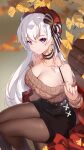  1girl aran_sweater autumn_leaves azur_lane bangs bare_shoulders belfast_(azur_lane) belfast_(shopping_with_the_head_maid)_(azur_lane) beret bison_cangshu black_choker black_skirt blurry blurry_background bow breasts brown_pantyhose brown_sweater choker cleavage closed_mouth commentary_request earrings feet_out_of_frame food hat hat_bow highres holding holding_food holding_pocky hoop_earrings jewelry large_breasts long_hair looking_at_viewer miniskirt off-shoulder_sweater off_shoulder official_alternate_costume on_bench outdoors pantyhose pencil_skirt pocky purple_eyes red_headwear red_shawl shawl sidelocks sitting skirt smile solo sweater thighs two-tone_bow white_hair wooden_bench 