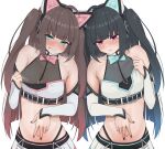  2girls absurdres aqua_eyes armpit_crease bandaid bandaids_on_nipples bangs black_hair black_nails blue_nails blunt_bangs blush bow bowtie breath brown_hair cat_ear_headphones collarbone detached_sleeves dual_persona fuyuiro_(natsuiro_matsuri) headphones highres hololive licking_lips long_hair looking_at_viewer looking_down micon midriff multiple_girls nail_art nail_polish natsuiro_matsuri navel official_alternate_costume official_alternate_hairstyle parted_lips pasties pink_eyes pink_nails see-through simple_background skirt spread_navel sweat sweatdrop tongue tongue_out two_side_up upper_body virtual_youtuber white_background 
