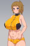  1girl adjusting_clothes adjusting_swimsuit breasts covered_nipples gundam gundam_build_fighters gundam_build_fighters_try hair_ornament hair_scrunchie highres hoshino_fumina huge_breasts huge_nipples lancer24 large_breasts midriff navel orange_hair ponytail scrunchie sports_bikini swimsuit toned 