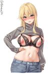  1girl aqua_eyes bismarck_(kancolle) blonde_hair blush bra breasts cleavage clothes_lift cowboy_shot denim ebifurya embarrassed hair_between_eyes hand_on_hip highres jeans kantai_collection large_breasts long_hair long_sleeves looking_at_viewer midriff navel nipples one-hour_drawing_challenge open_mouth pants ribbed_sweater stomach sweat sweater sweater_lift turtleneck turtleneck_sweater twitter_username underwear wavy_mouth white_background 