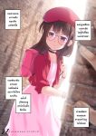  1girl 1other backpack bag brown_eyes closed_mouth dress earrings glasses highres jacket jewelry long_hair lusan666 original pink_bag pink_dress red_hat_girl_(lusan666) red_headwear red_jacket stalking thai_commentary thai_text translation_request wristband 