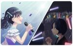  artist_request bangs black_hair commentary_request concert confetti fangs fukumaru_koito glowstick hair_ribbon highres holding holding_microphone idol idolmaster idolmaster_shiny_colors microphone nail_polish purple_eyes ribbon skin_fangs sweat twintails 