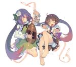  2girls barefoot biwa_lute brown_hair commentary_request feet fingernails flower hair_flower hair_ornament hairband highres instrument long_fingernails long_hair lute_(instrument) morino_hon multiple_girls music musical_note one_eye_closed open_mouth photoshop_(medium) playing_instrument purple_eyes purple_hair short_hair siblings sisters skirt smile touhou tsukumo_benben tsukumo_yatsuhashi twintails yellow_eyes 