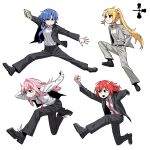  4girls absurdres album_cover_redraw black_jacket black_pants black_suit blonde_hair blue_eyes blue_hair blue_necktie bocchi_the_rock! commentary derivative_work formal full_body gotou_hitori grey_jacket grey_pants grey_suit highres ijichi_nijika jacket jacket_removed jumping kita_ikuyo long_hair long_sleeves multiple_girls necktie neonfloyd pant_suit pants pink_hair pink_necktie red_hair red_necktie shirt side_ponytail silica_gel simple_background suit very_long_hair white_background white_shirt yamada_ryou 