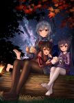  3girls :d absurdres aged_down ahoge alternate_costume autumn_leaves bangs barefoot black_hair black_pantyhose blue_hair blurry boo_tao_(genshin_impact) cameo casual character_doll commentary_request cone_hair_bun contemporary cup depth_of_field double_bun ganyu_(genshin_impact) genshin_impact grass hair_between_eyes hair_bun hand_puppet highres holding holding_cup horns hu_tao_(genshin_impact) keqing_(genshin_impact) leaf log long_hair long_sleeves looking_at_another lying lying_on_lap maple_leaf mug multiple_girls night night_sky no_shoes on_stomach pantyhose puppet purple_eyes purple_hair red_eyes sidelocks sitting_on_log sky skym_(kumei) smile soles star_(sky) starry_sky symbol-shaped_pupils toes twintails white_pantyhose 