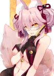  1girl animal_ears breasts fate/grand_order fate_(series) fox_ears fox_girl glasses gloves koyanskaya_(fate) pink_hair puyue revealing_clothes solo tamamo_(fate) underboob yellow_eyes 