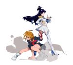  2girls absurdres artist_request black_shirt black_skirt blue_eyes blue_hair boots color_connection cosplay crossover cure_black cure_white fingerless_gloves futari_wa_precure gloves hair_ornament hairclip half_updo high_heel_boots high_heels highres kill_la_kill kiryuuin_satsuki kiryuuin_satsuki_(cosplay) long_hair looking_to_the_side magical_girl matoi_ryuuko matoi_ryuuko_(cosplay) misumi_nagisa multiple_girls orange_eyes orange_hair precure red_gloves shirt shoes short_hair simple_background skirt source_request standing thigh_boots thighhighs uniform white_background white_footwear white_uniform yukishiro_honoka 