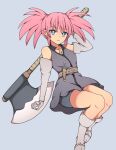  1girl absurdres axe belt blue_eyes boots closed_mouth elbow_gloves foot_out_of_frame gloves highres holding holding_axe long_hair looking_at_viewer pink_hair presea_combatir simple_background solo suwaneko tales_of_(series) tales_of_symphonia twintails weapon 