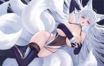  1girl absurdres animal_ear_fluff animal_ears arm_up armpits azur_lane bare_shoulders black_footwear blue_eyes boots breasts bridal_gauntlets brown_leotard brown_thighhighs copyright_name covered_navel covered_nipples fox_ears fox_girl fox_tail gala_(16901040) grabbing_own_breast grey_hair hair_over_one_eye heart heart-shaped_pupils highleg highleg_leotard highres large_breasts leotard long_hair looking_at_viewer naughty_face official_alternate_costume open_mouth race_queen shinano_(azur_lane) shinano_(moonlit_chrome)_(azur_lane) solo strapless symbol-shaped_pupils tail thigh_boots thighhighs thighhighs_under_boots tube_top very_long_hair 